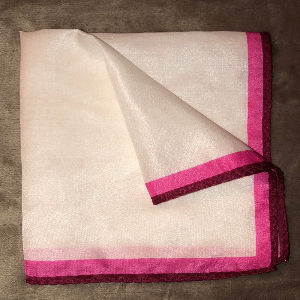 Shimmery White Fuchsia Pink Burgundy Border Cotton/Silk Blend Pocket Square - Picture 4 of 9